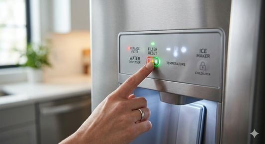 A person's finger pressing the filter reset button on a stainless steel refrigerator control panel.