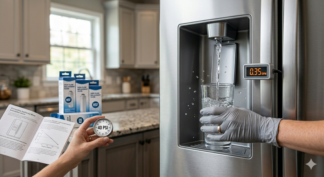 A hand with a wedding band holds a 40 PSI gauge while an open appliance manual rests next to a refrigerator water dispenser filling a glass.