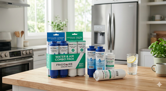 Frigidaire water and air filter combo pack on a kitchen counter.