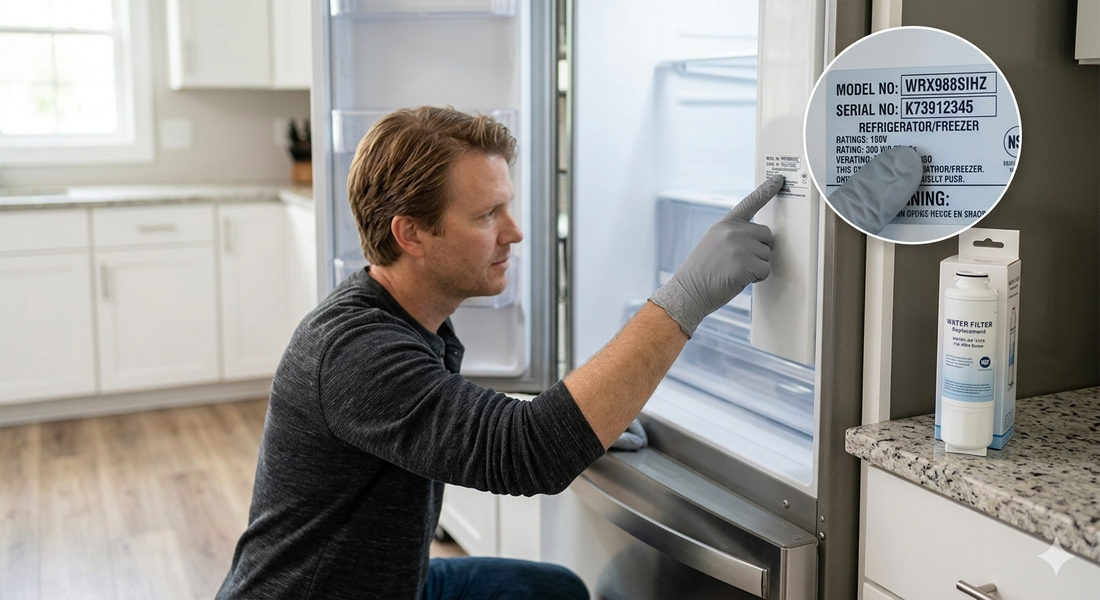 A man in a grey glove points to the model number "WRX988SIHZ" on the data plate of an open refrigerator next to a compatible replacement water filter on a countertop.
