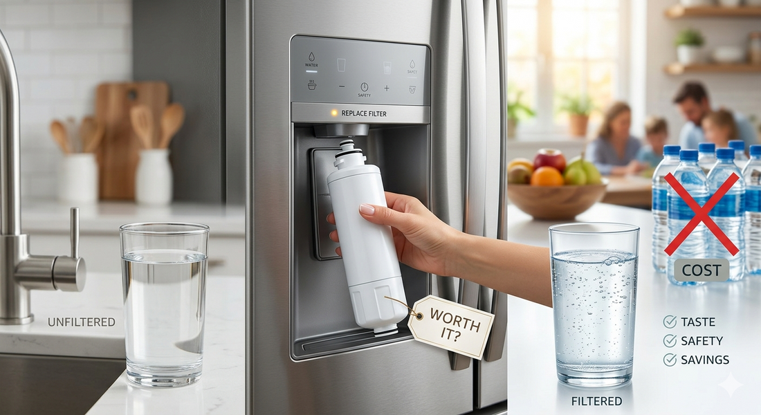 A comparison diagram showing an open bottle of unfiltered water next to a clean glass of water and a new white cylindrical filter being inserted into a dispenser.