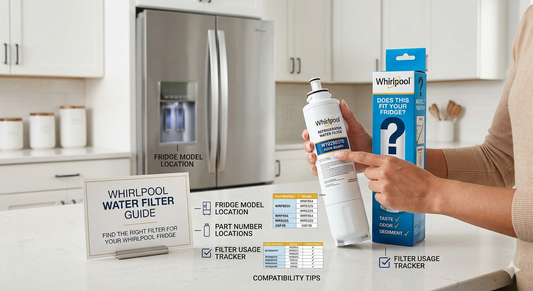 An infographic showing hands holding a new filter, pointing to model and part numbers next to a box with a checkmark and a guide card labeled with Whirlpool model compatibility tips.