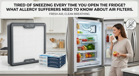 A woman suffering from allergies stands in front of a refrigerator, with a box of allergy filters nearby.
