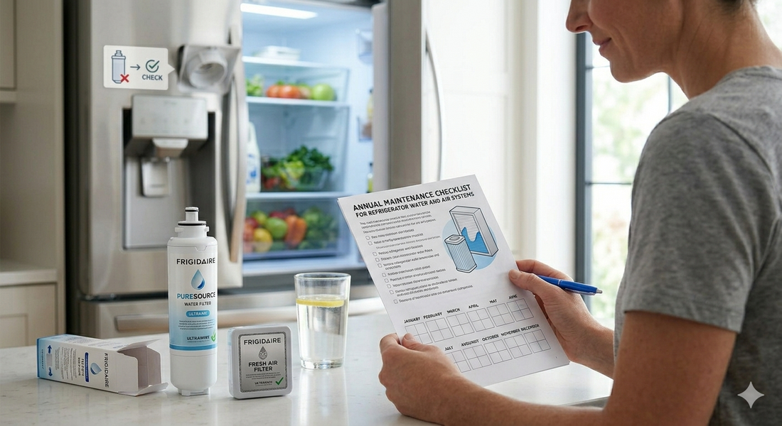 A person holding a printed annual maintenance checklist in a kitchen with a Frigidaire water filter and air filter on the counter.