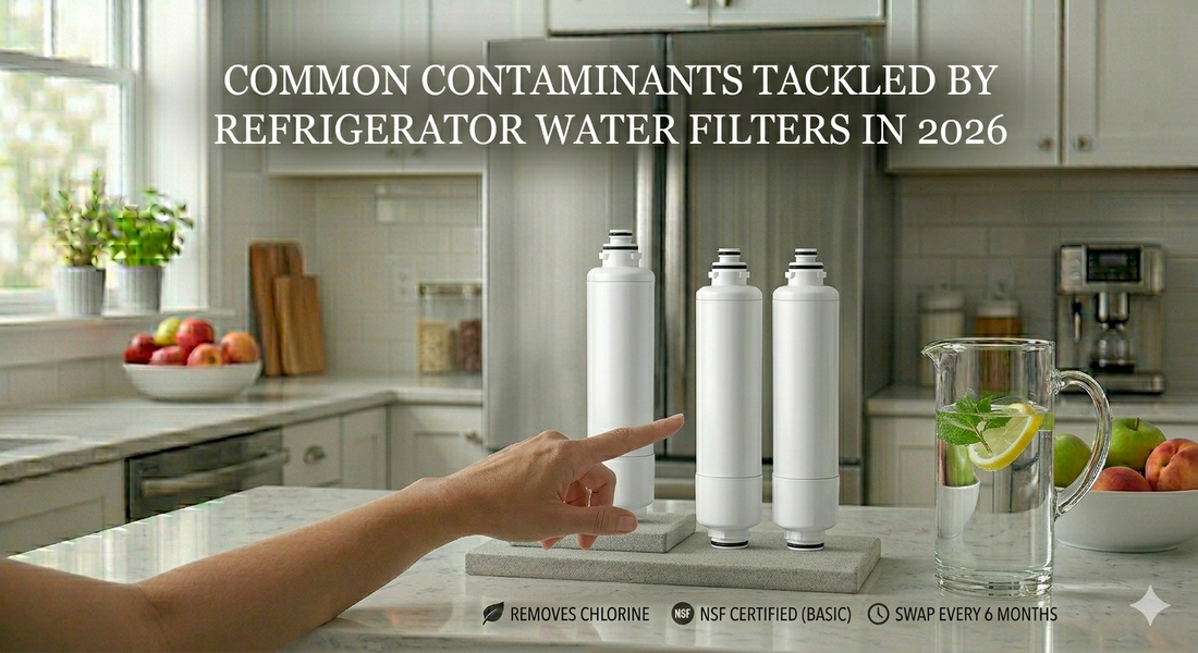 A composite infographic illustrating the common contaminants found in tap water that generic refrigerator filters are designed to remove in 2026.