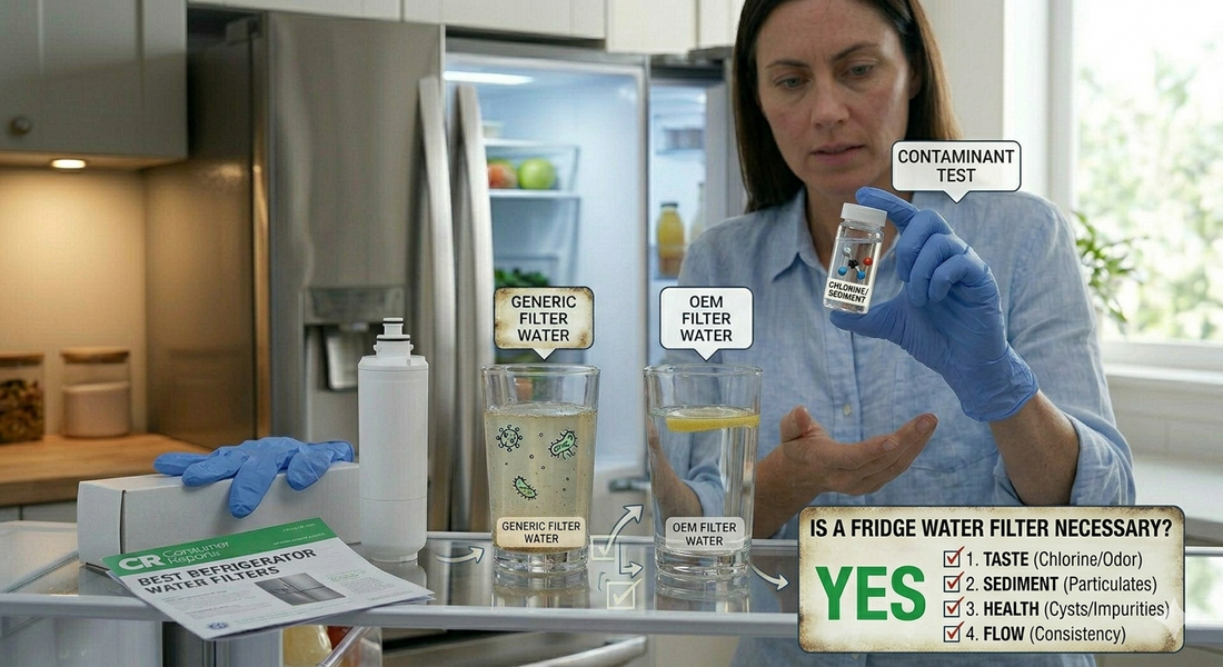 A woman uses an interactive infographic and a Consumer Reports guide to determine if a refrigerator water filter is necessary, with a "YES" checklist showing benefits for taste, sediment, health, and flow.