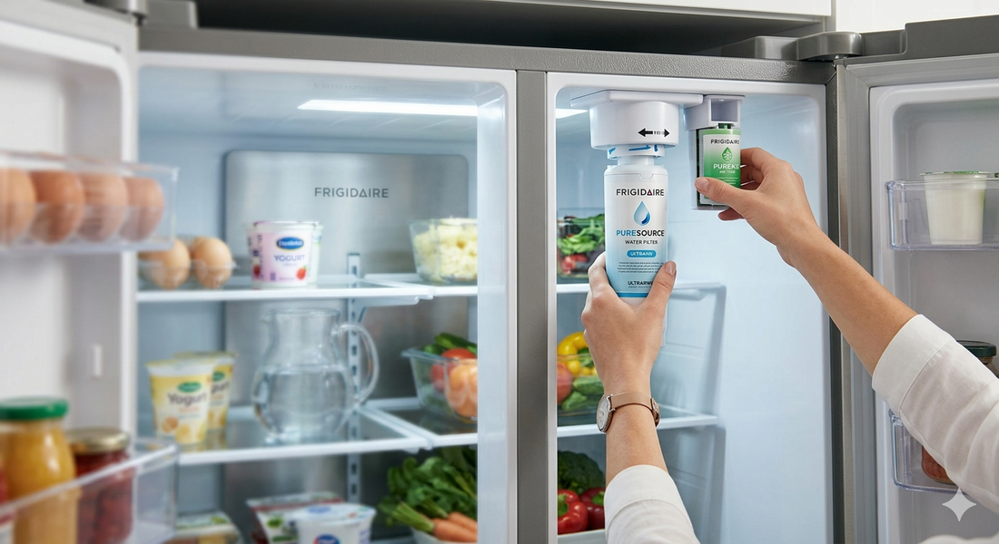 A person's hands simultaneously installing a white PureSource water filter and a green PureAir filter inside a Frigidaire refrigerator.