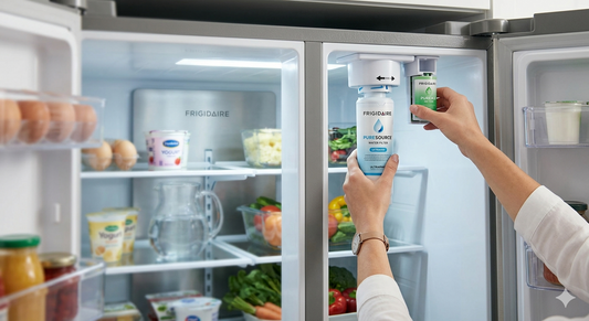 A person's hands simultaneously installing a white PureSource water filter and a green PureAir filter inside a Frigidaire refrigerator.