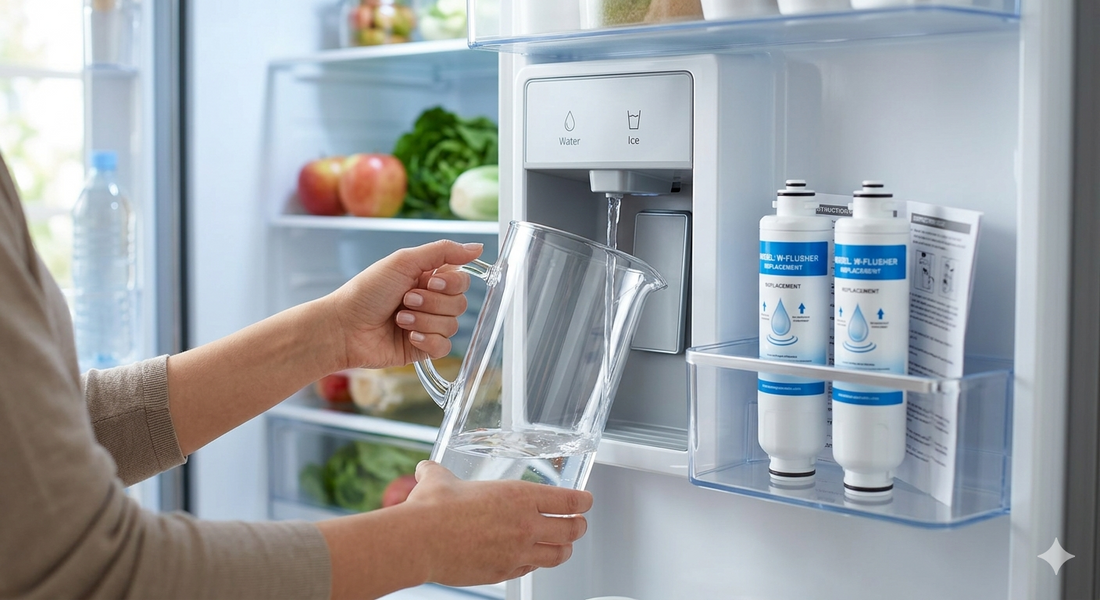 A person flushing a new refrigerator water filter by dispensing water into a large glass pitcher.