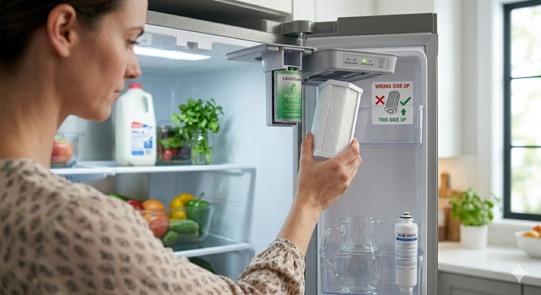 A person carefully installing a new Frigidaire PureAir air filter cartridge into the refrigerator's ceiling-mounted housing.