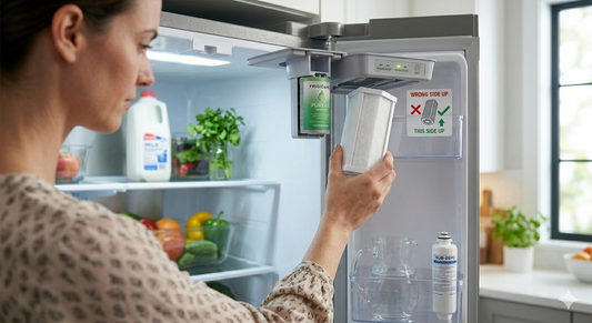 A person carefully installing a new Frigidaire PureAir air filter cartridge into the refrigerator's ceiling-mounted housing.