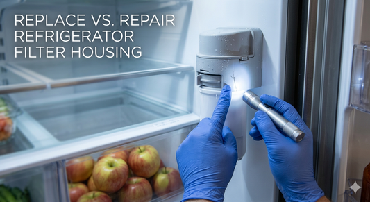 A hand in a blue glove uses a flashlight to inspect a hairline crack on a refrigerator water filter housing assembly.