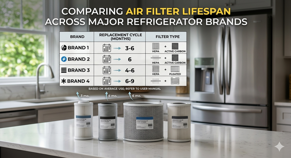 Chart comparing refrigerator air filter replacement lifespan and types.