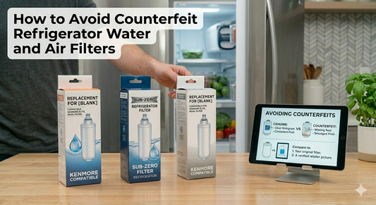 Comparing genuine and counterfeit refrigerator filters on a kitchen counter with an instructional guide on a tablet.