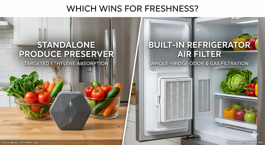 Split-screen comparison: standalone produce preserver vs. built-in refrigerator air filter.