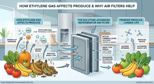Chart detailing how ethylene gas causes produce decay and how refrigerator air filters prevent it.