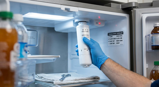 A close-up photograph of a technician installing a white water filter into a refrigerator.