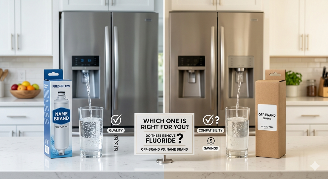 A split-screen comparison showing a name-brand filter in blue packaging with clear water versus a generic filter in plain brown packaging with slightly cloudier water, next to a sign with a large question mark and text "DO THESE REMOVE FLUORIDE?".
