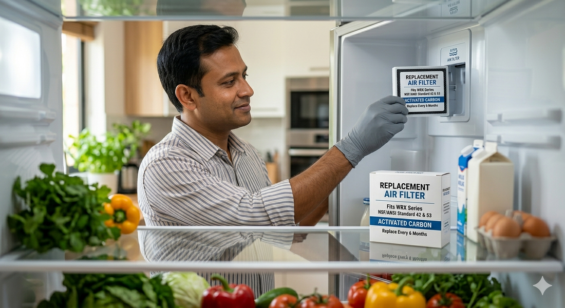A man wearing a protective glove installs a new activated carbon air filter into the back panel of a clean refrigerator stocked with fresh vegetables.