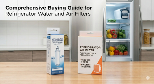 A packaged refrigerator water filter and a refrigerator air filter on a kitchen counter with an open fridge in the background.