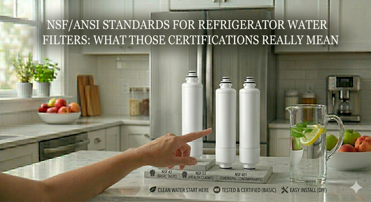A person pointing at three generic unbranded refrigerator filters on stands labeled with NSF 42, 53, and 401 standards in a kitchen.