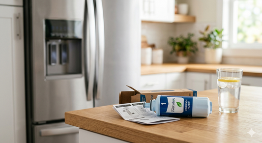 An EveryDrop water filter and instructions on a kitchen counter next to a Whirlpool refrigerator.