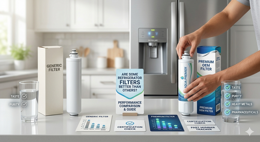 An infographic-style photo on a kitchen counter, showing a plain white generic filter next to a premium blue-accented filter with multiple checkmark icons for contaminant removal, a large sign asking "Are Some Refrigerator Filters Better?".