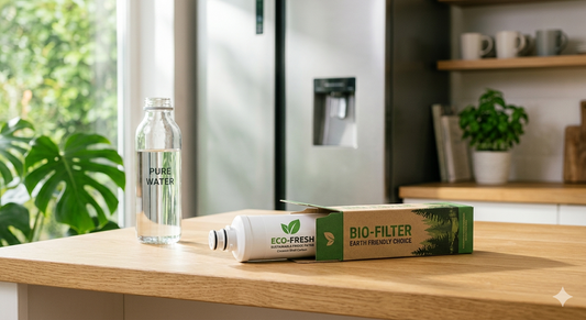 An eco-friendly refrigerator water filter with its "BIO-FILTER" cardboard packaging on a wooden kitchen counter.